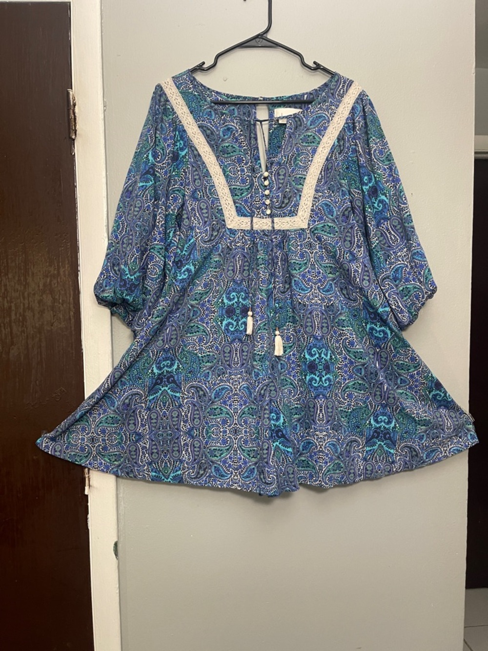 Anthropologie Blue Paisley Lace-Trim Tie-Front Tunic